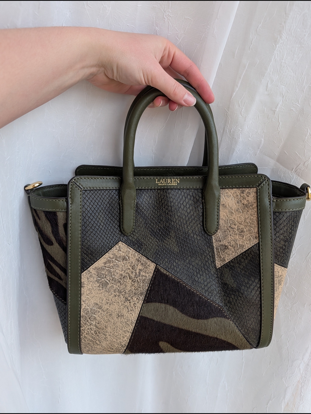 Ralph Lauren Green Cream Patchwork Tote Crossbody Animal Snake Croc Exotic